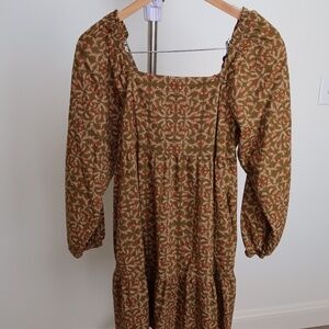 Floral Square-Neck Mini Dress with Puff Sleeves & Pockets - Olive Green